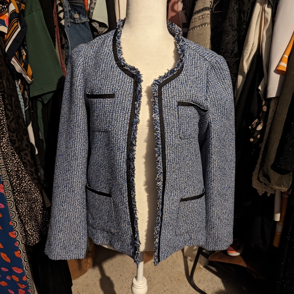 True envy blue tweed open blazer jacket